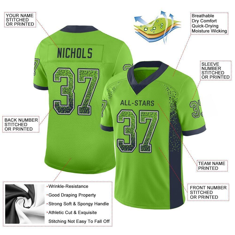 Custom Neon Green Navy-Gray Drift Fashion Football Jersey photo 2