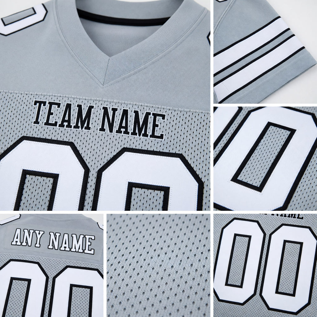 Custom Silver White-Black Mesh Authentic Football Jersey detail