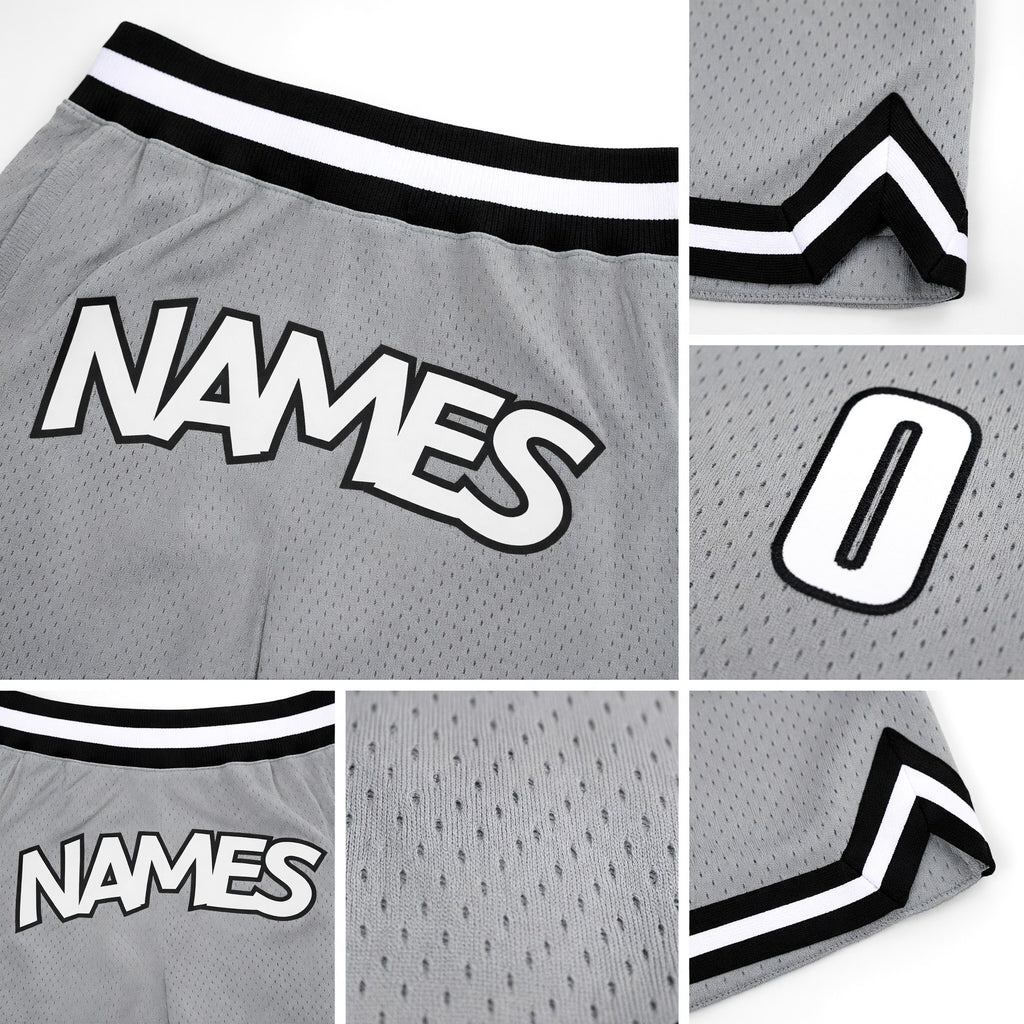Custom Gray White-Black Authentic Throwback Basketball Shorts detail