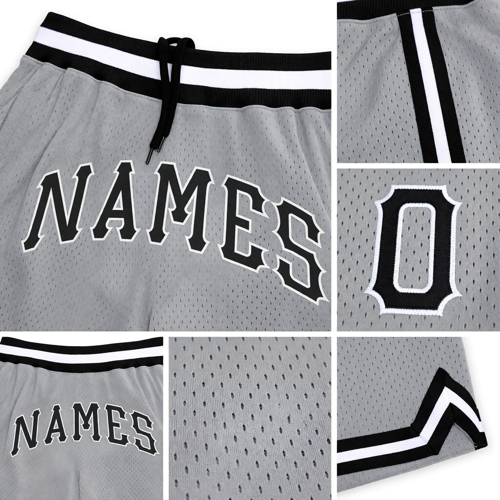 Custom Gray Black-White Authentic Throwback Basketball Shorts detail
