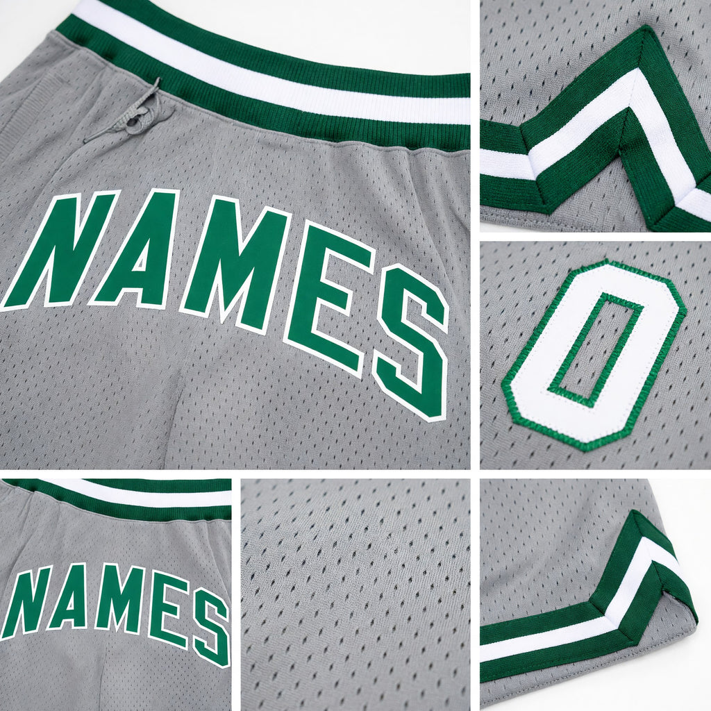 Custom Gray Kelly Green-White Authentic Throwback Basketball Shorts detail