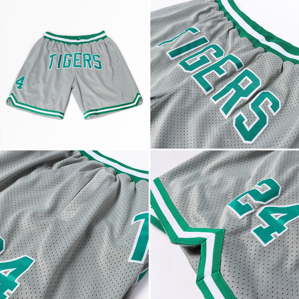 Custom Gray Kelly Green-White Authentic Throwback Basketball Shorts photo 3