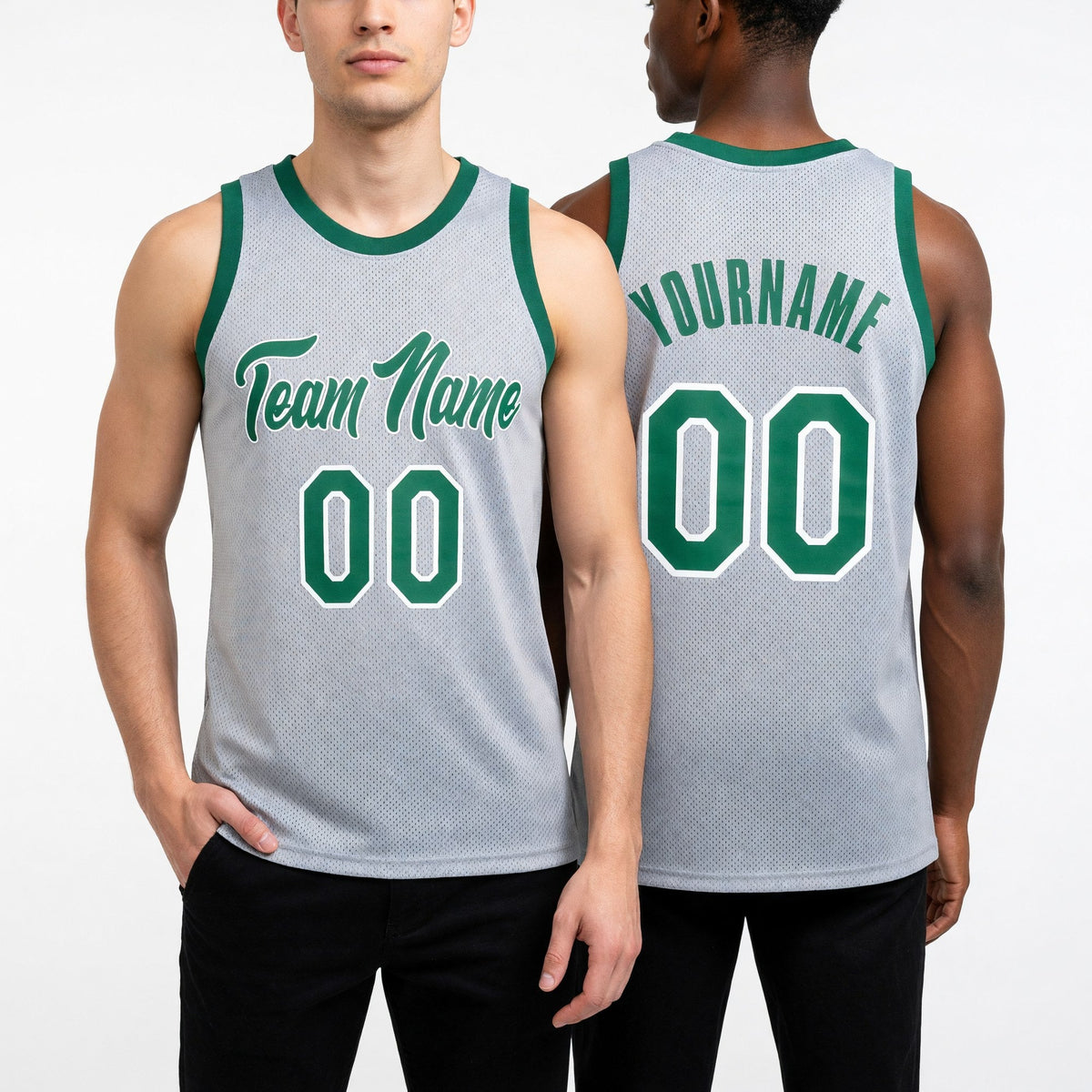 Custom Gray Kelly Green-White Authentic Throwback Basketball Jersey worn front and back