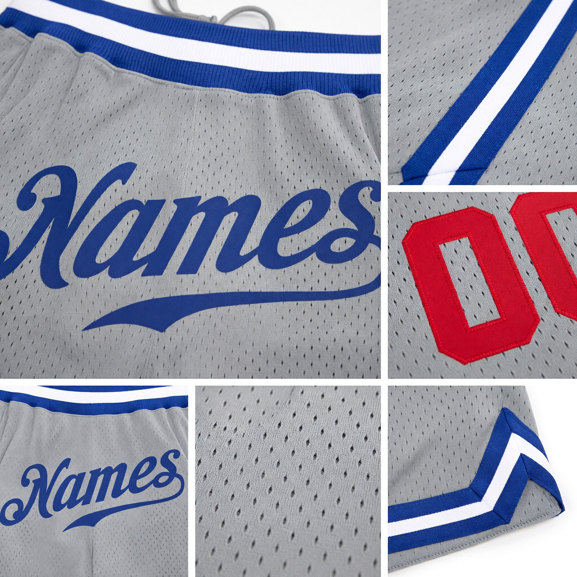 Custom Gray Royal-Red Authentic Throwback Basketball Shorts detail