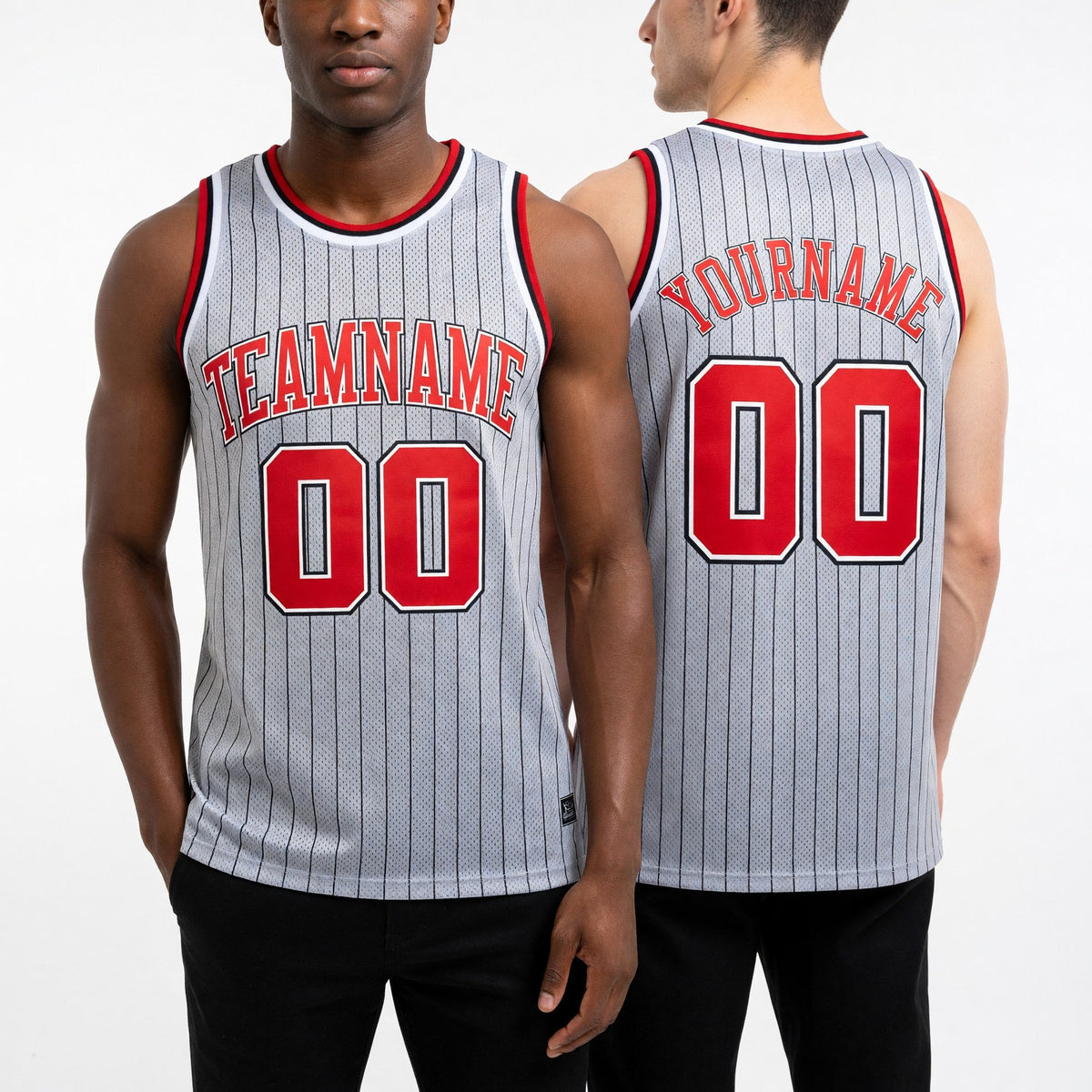 Custom Gray Black Pinstripe Red-White Authentic Basketball Jersey worn front and back