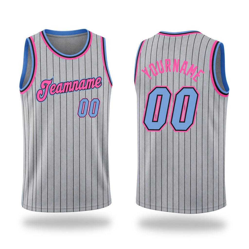 Custom Gray Black Pinstripe Light Blue-Pink Authentic Basketball Jersey