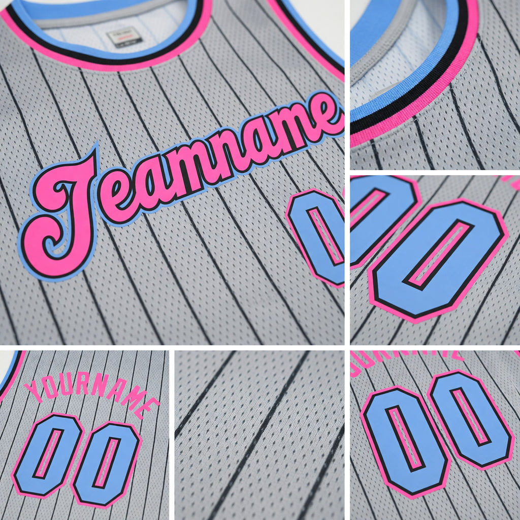 Custom Gray Black Pinstripe Light Blue-Pink Authentic Basketball Jersey detail