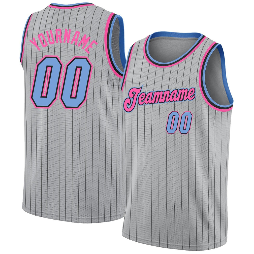 Custom Gray Black Pinstripe Light Blue-Pink Authentic Basketball Jersey photo 1