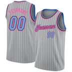 Custom Gray Black Pinstripe Light Blue-Pink Authentic Basketball Jersey photo 1