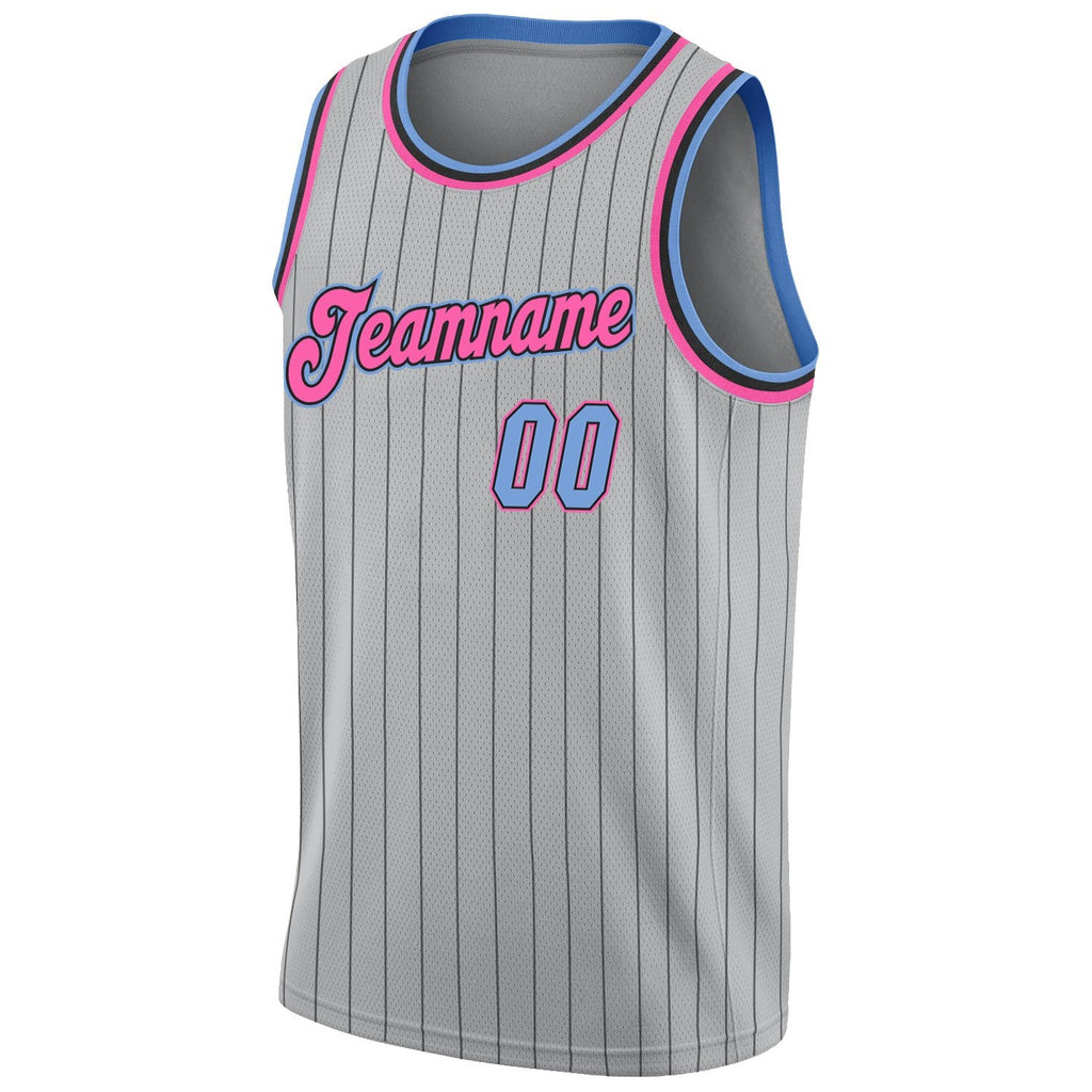 Custom Gray Black Pinstripe Light Blue-Pink Authentic Basketball Jersey photo 4