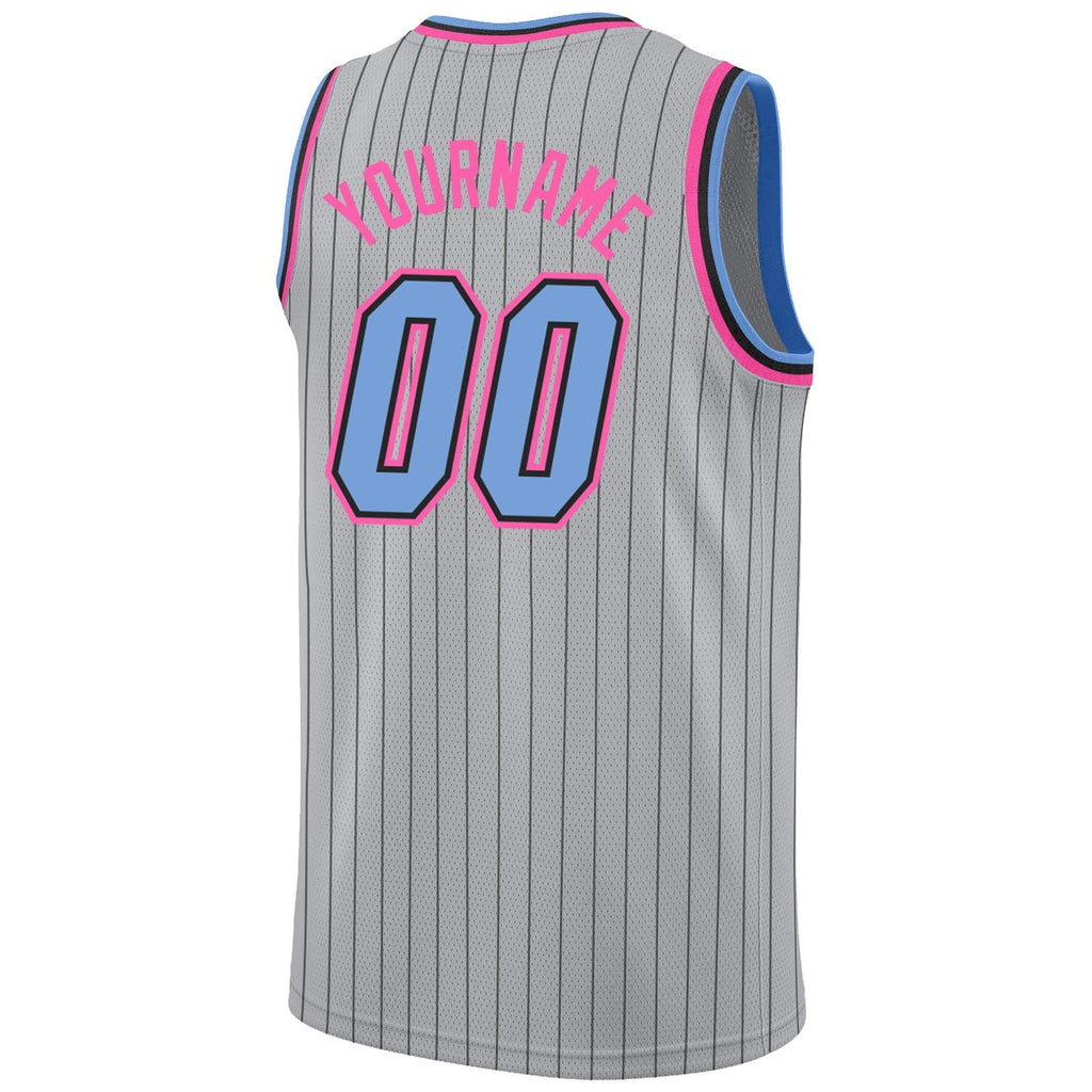 Custom Gray Black Pinstripe Light Blue-Pink Authentic Basketball Jersey photo 5