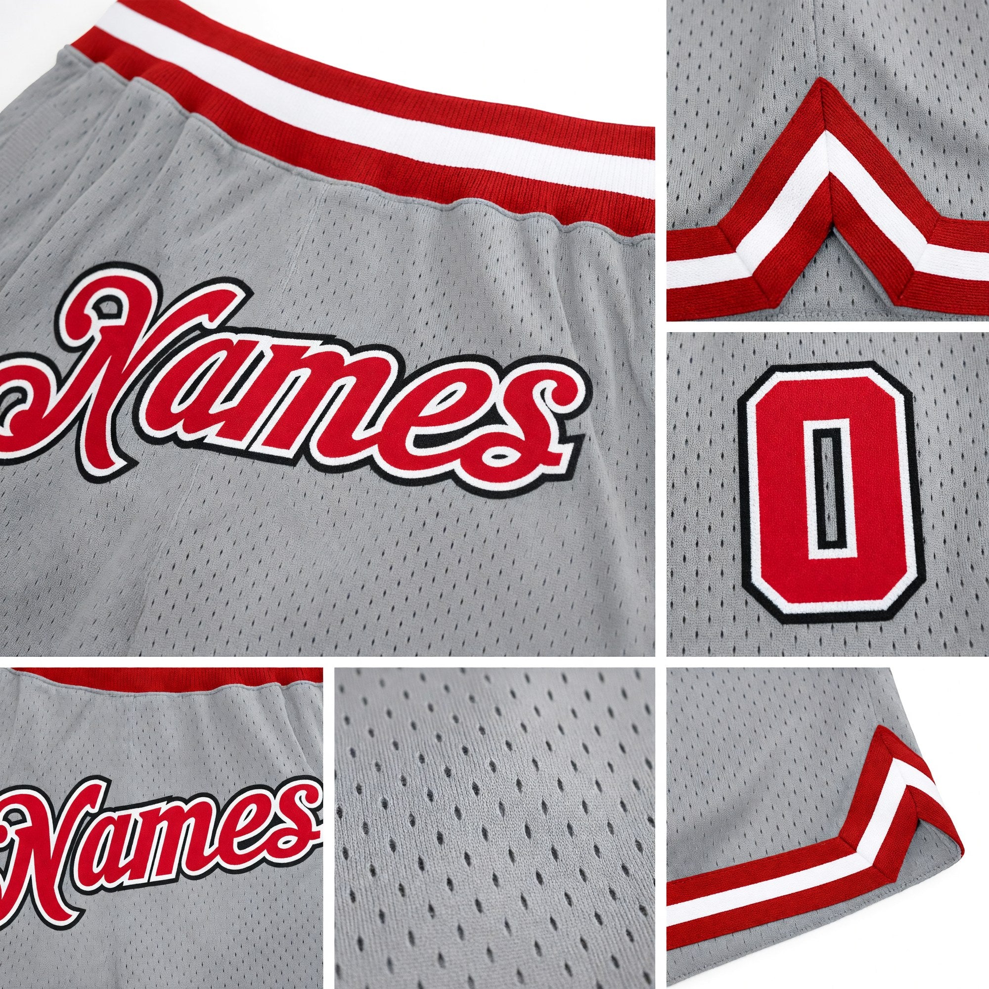 Custom Gray Red-White Authentic Throwback Basketball Shorts detail