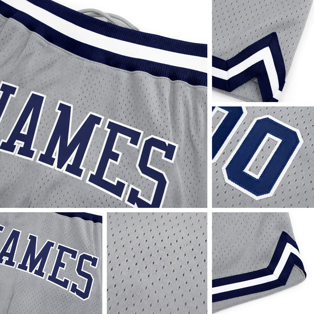 Custom Gray Navy-White Authentic Throwback Basketball Shorts detail