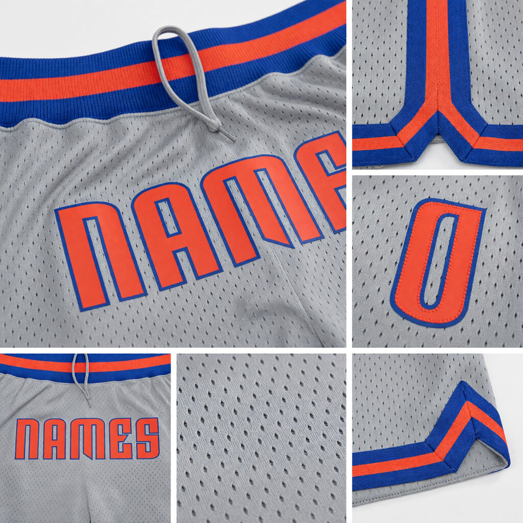 Custom Gray Orange-Royal Authentic Throwback Basketball Shorts detail