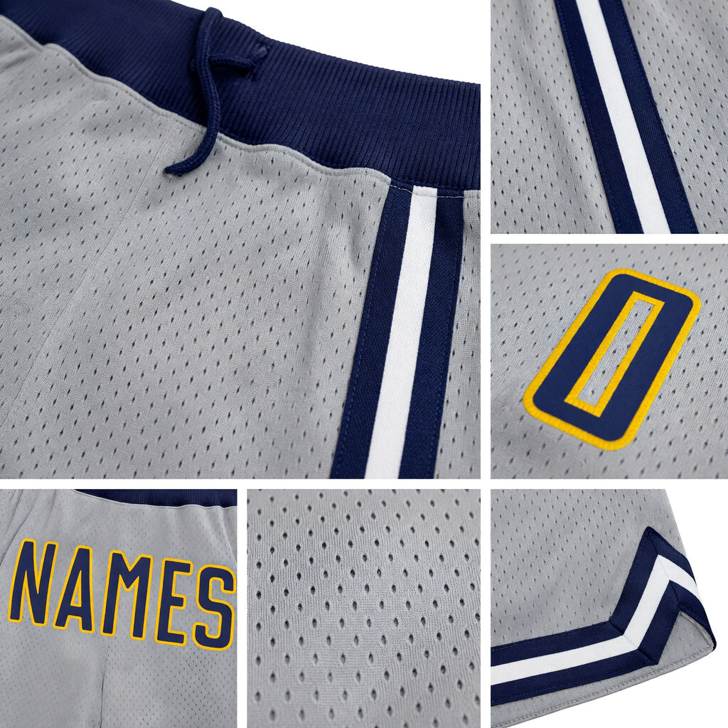 Custom Gray Navy-Gold Authentic Throwback Basketball Shorts detail