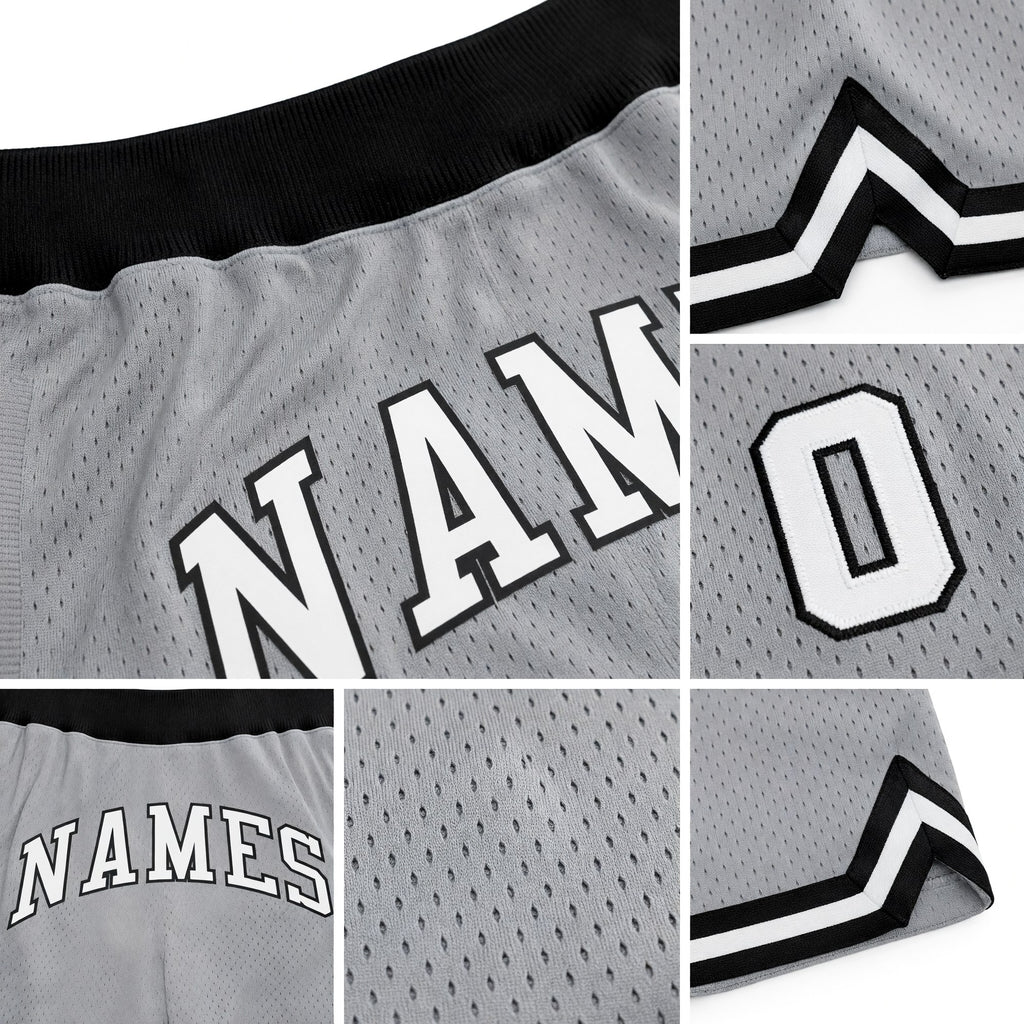 Custom Gray White-Black Authentic Throwback Basketball Shorts detail