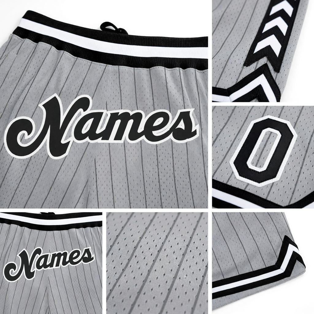 Custom Gray Black Pinstripe Black-White Authentic Basketball Shorts detail