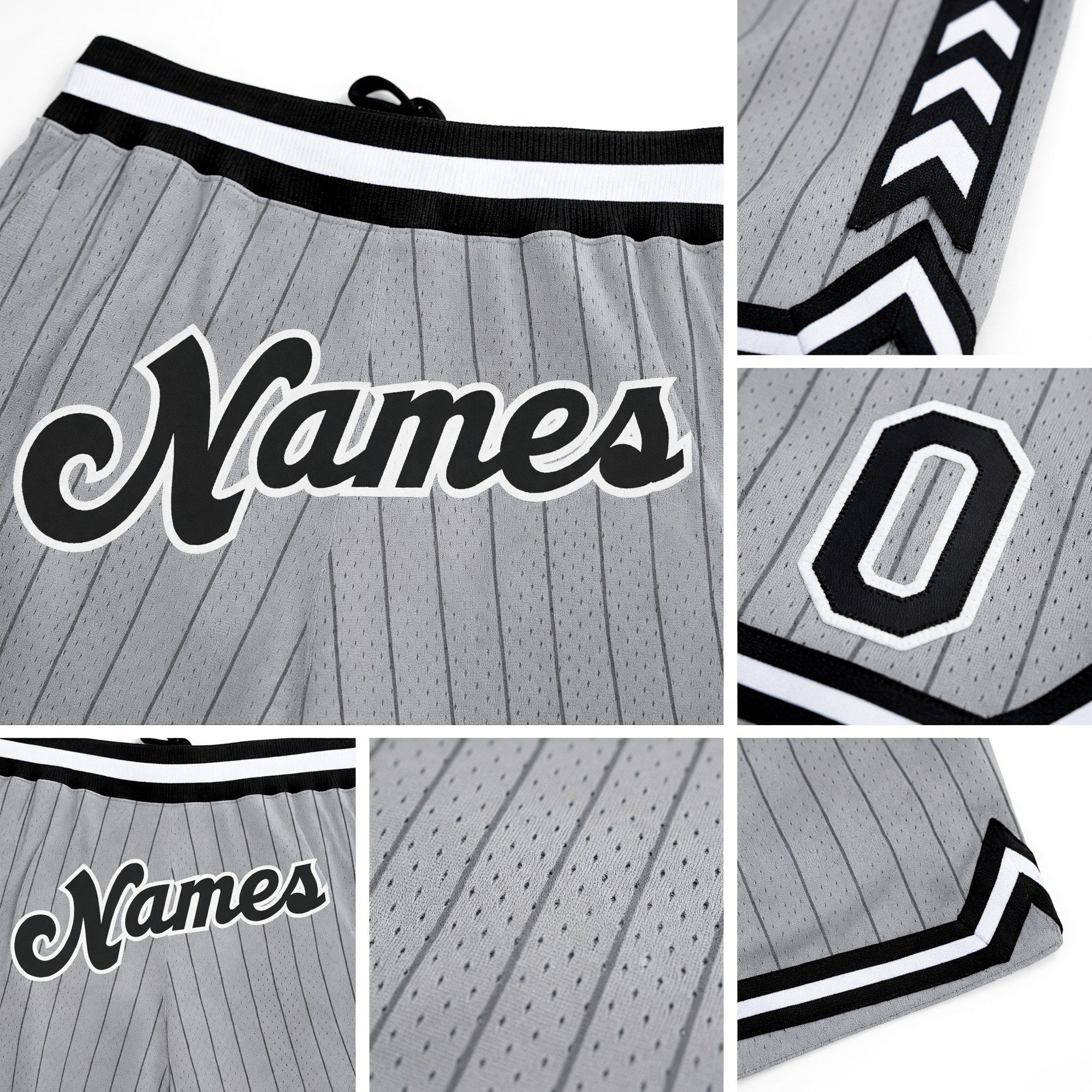 Custom Gray Black Pinstripe Black-White Authentic Basketball Shorts detail