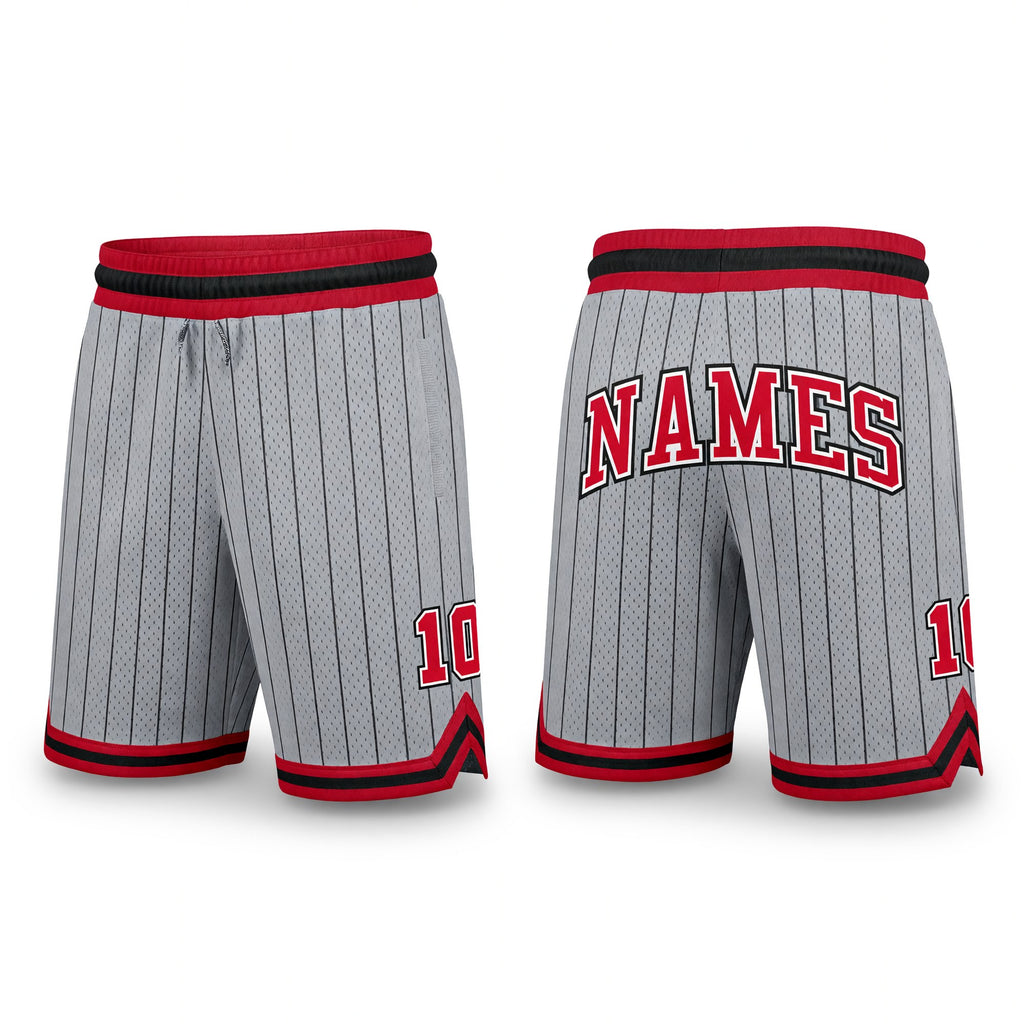 Custom Gray Black Pinstripe Red-White Authentic Basketball Shorts