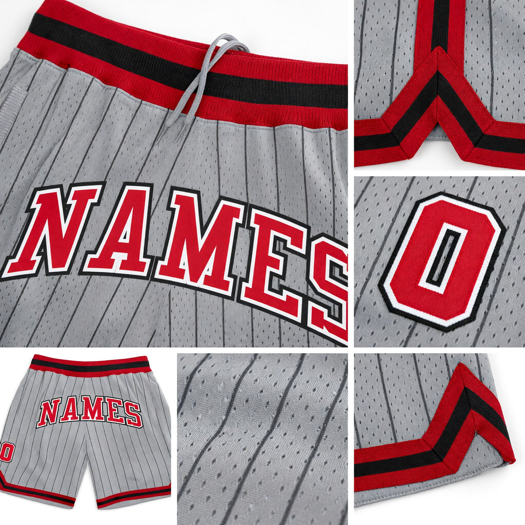 Custom Gray Black Pinstripe Red-White Authentic Basketball Shorts detail