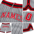 Custom Gray Black Pinstripe Red-White Authentic Basketball Shorts detail