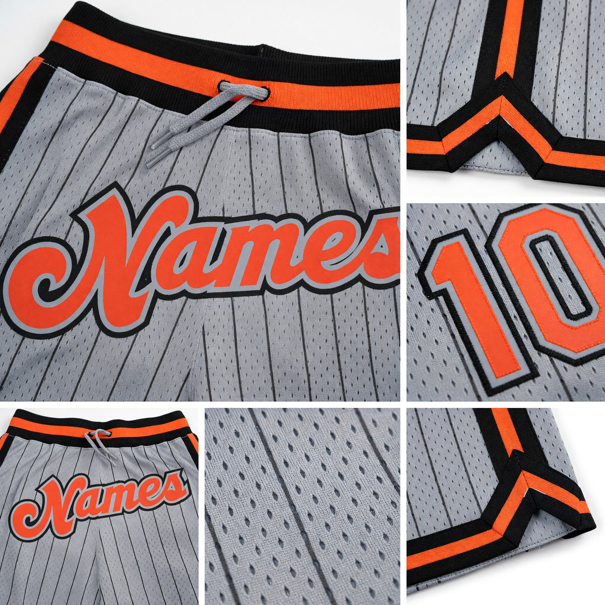 Custom Gray Black Pinstripe Orange-Black Authentic Basketball Shorts detail
