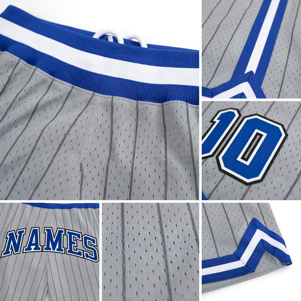 Custom Gray Black Pinstripe Royal-White Authentic Basketball Shorts detail