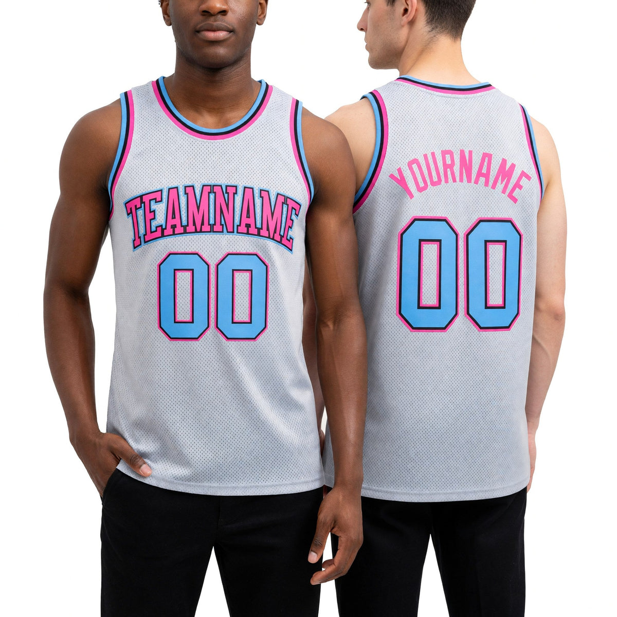 Custom Gray Light Blue-Pink Authentic Throwback Basketball Jersey worn front and back