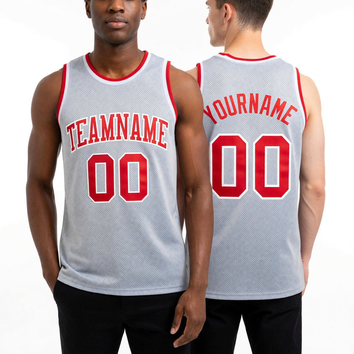 Custom Gray Red-White Authentic Throwback Basketball Jersey worn front and back