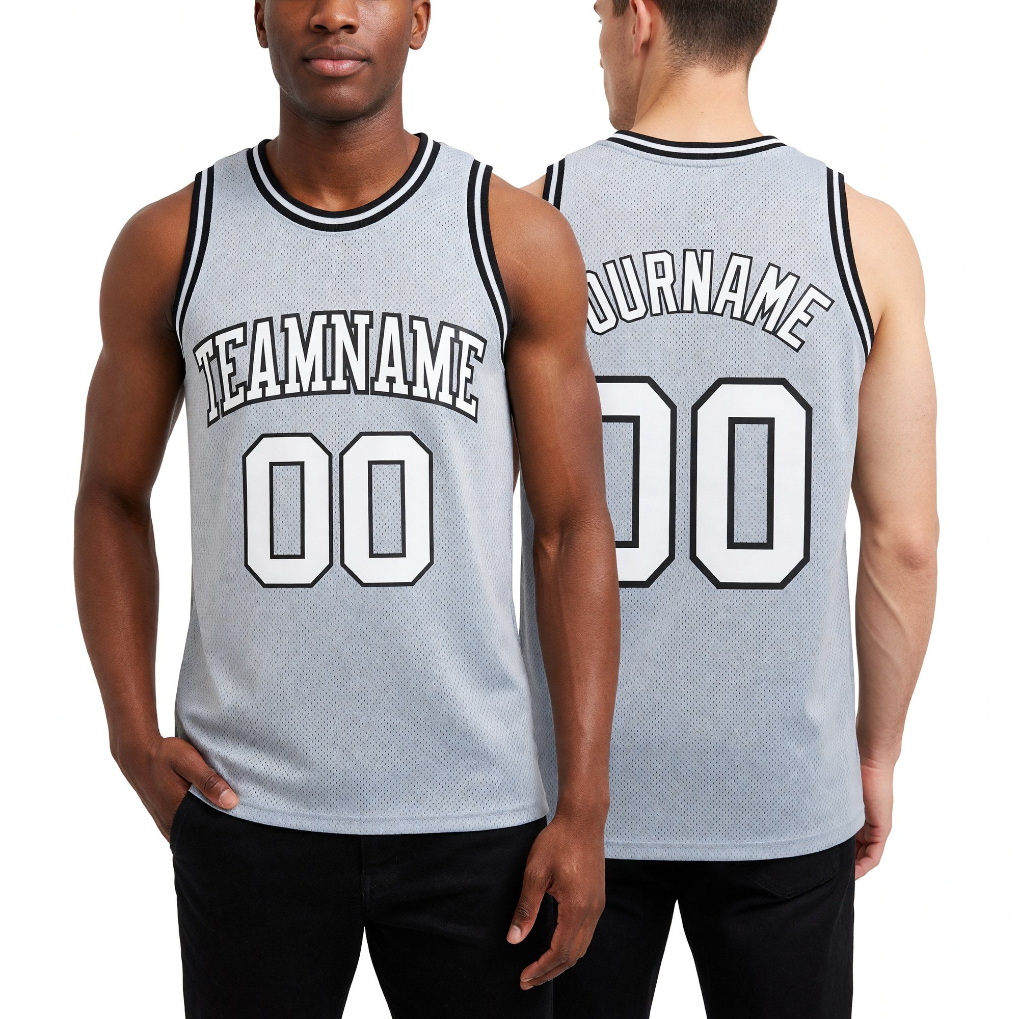 Custom Gray White-Black Authentic Throwback Basketball Jersey worn front and back