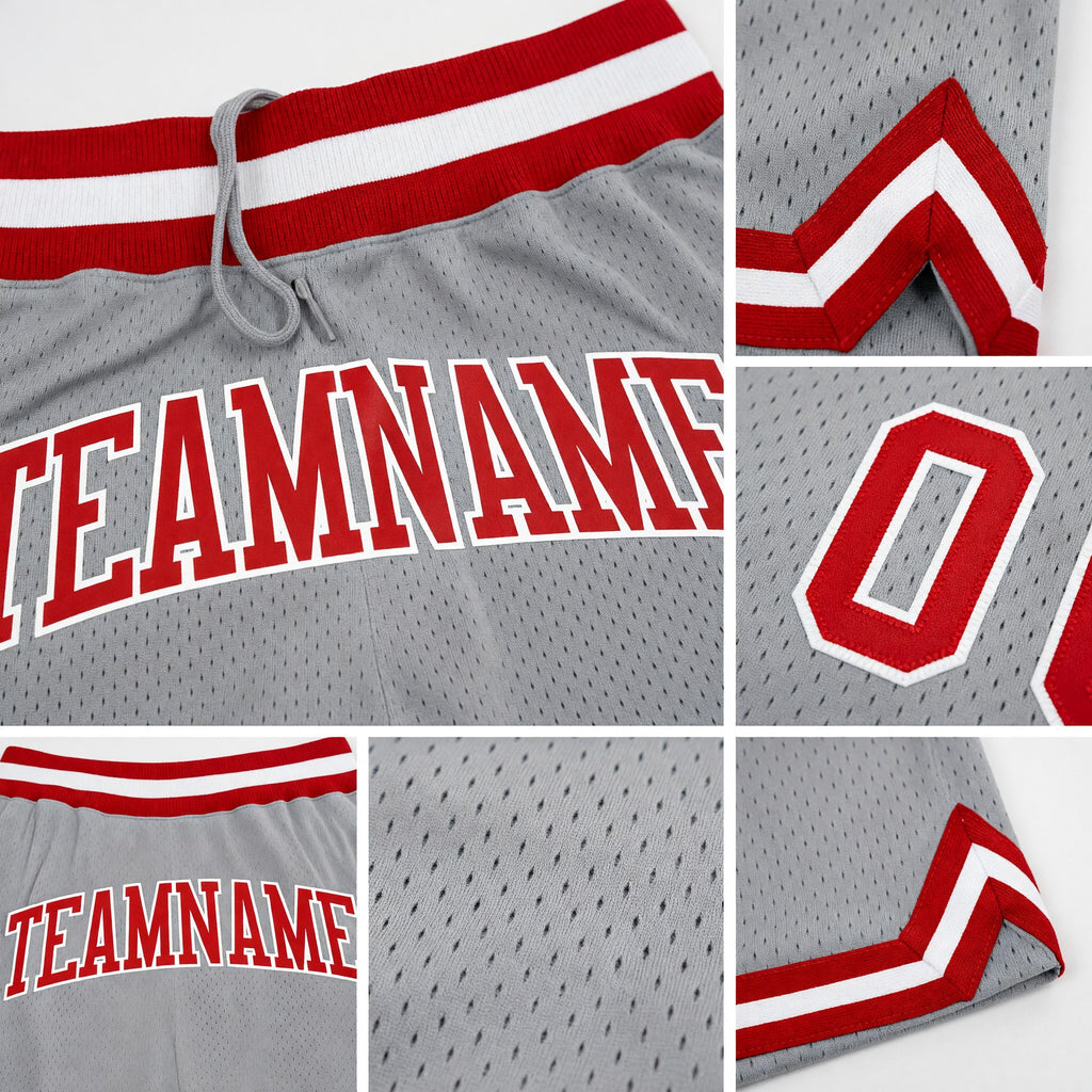 Custom Gray Red-White Authentic Throwback Basketball Shorts detail