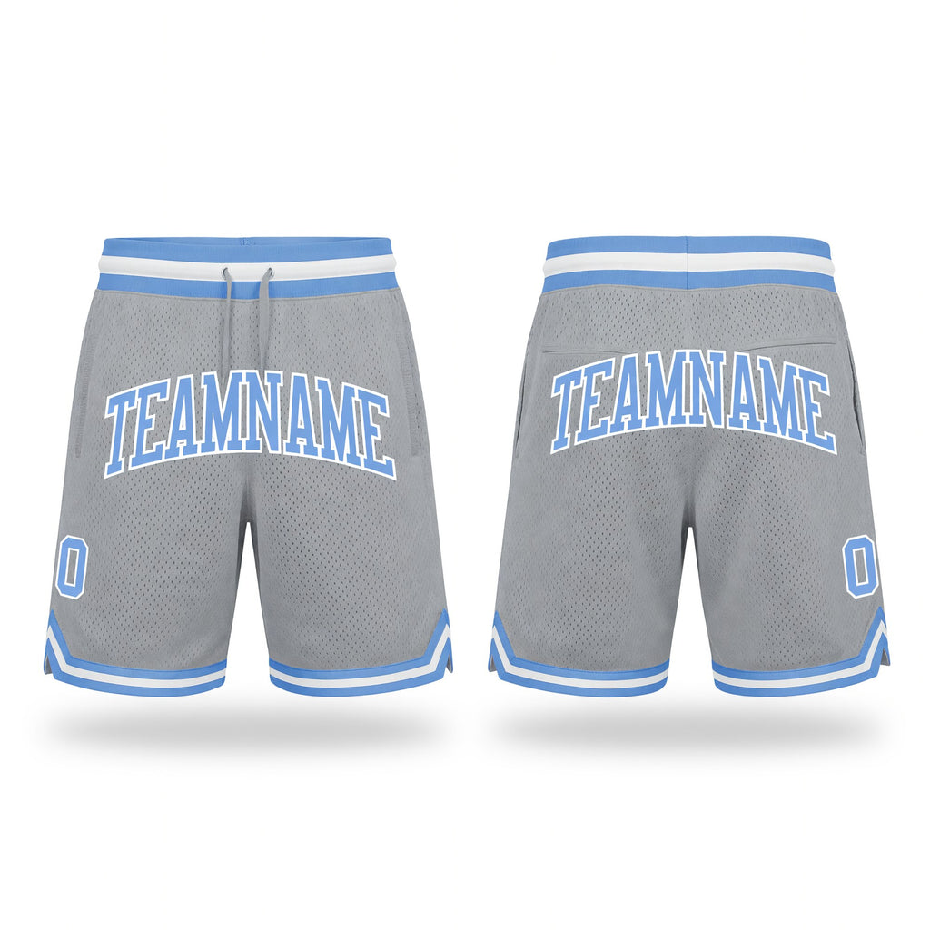 Custom Gray Light Blue-White Authentic Throwback Basketball Shorts