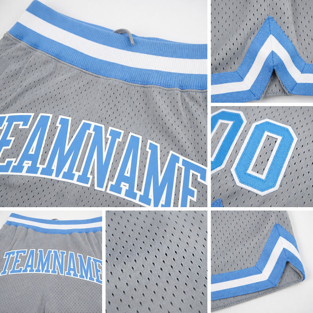 Custom Gray Light Blue-White Authentic Throwback Basketball Shorts detail