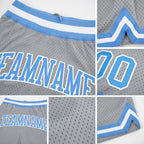 Custom Gray Light Blue-White Authentic Throwback Basketball Shorts detail