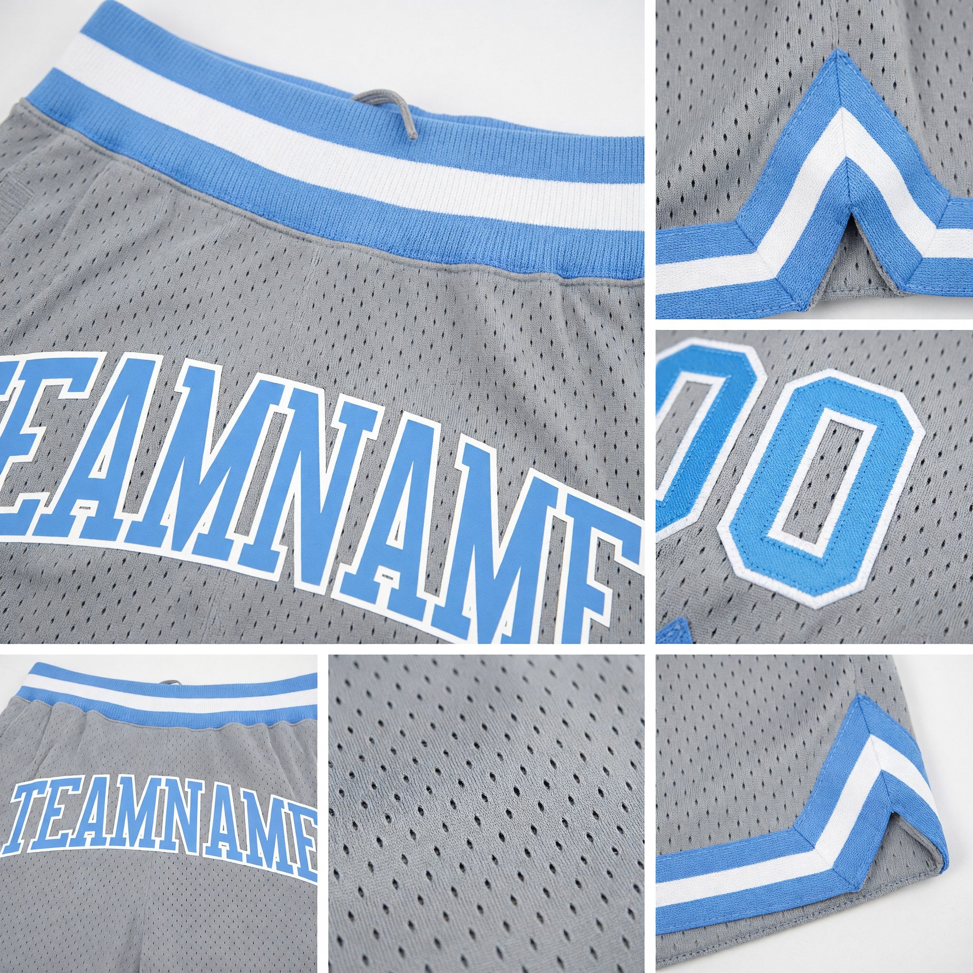 Custom Gray Light Blue-White Authentic Throwback Basketball Shorts detail