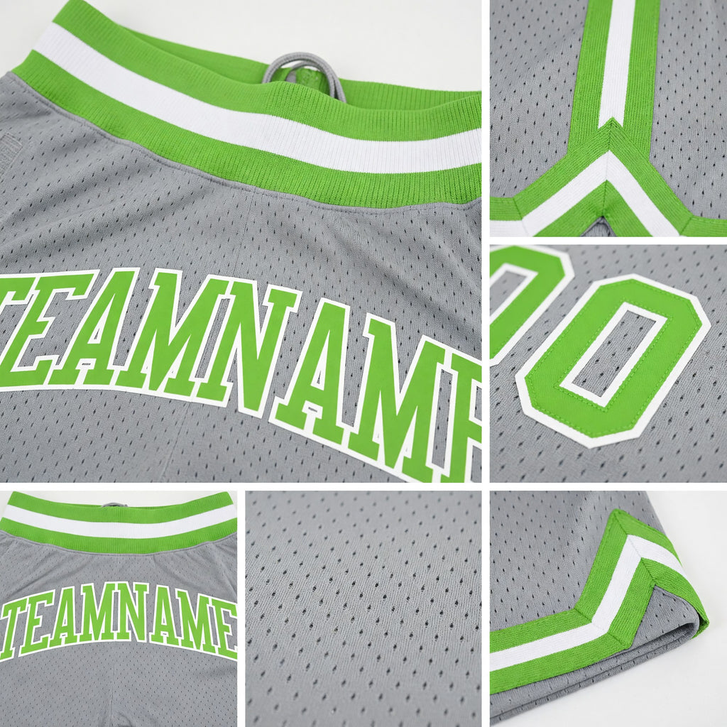 Custom Gray Neon Green-White Authentic Throwback Basketball Shorts detail