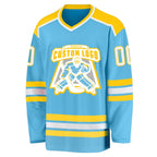 Custom Sky Blue White-Gold Hockey Jersey photo 2