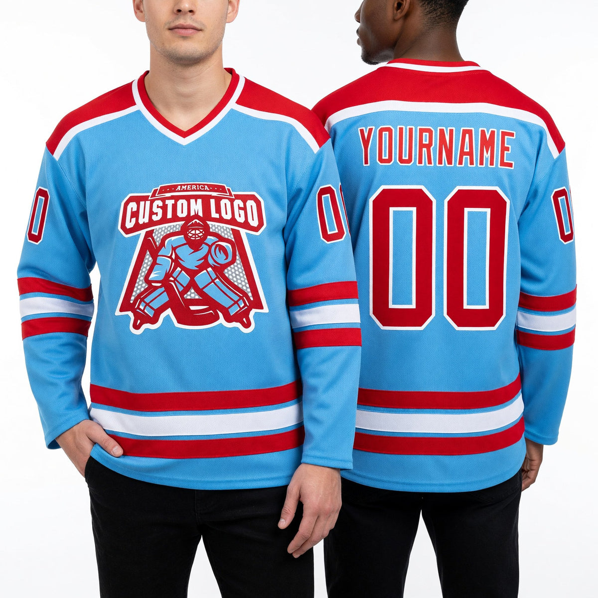 Custom Sky Blue Red-White Hockey Jersey worn front and back