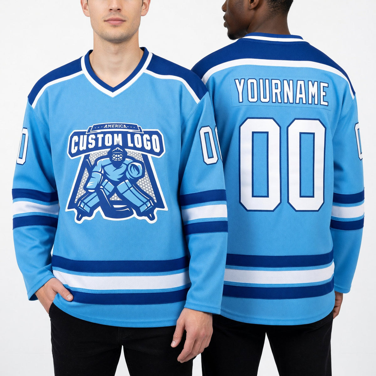 Custom Sky Blue White-Royal Hockey Jersey worn front and back