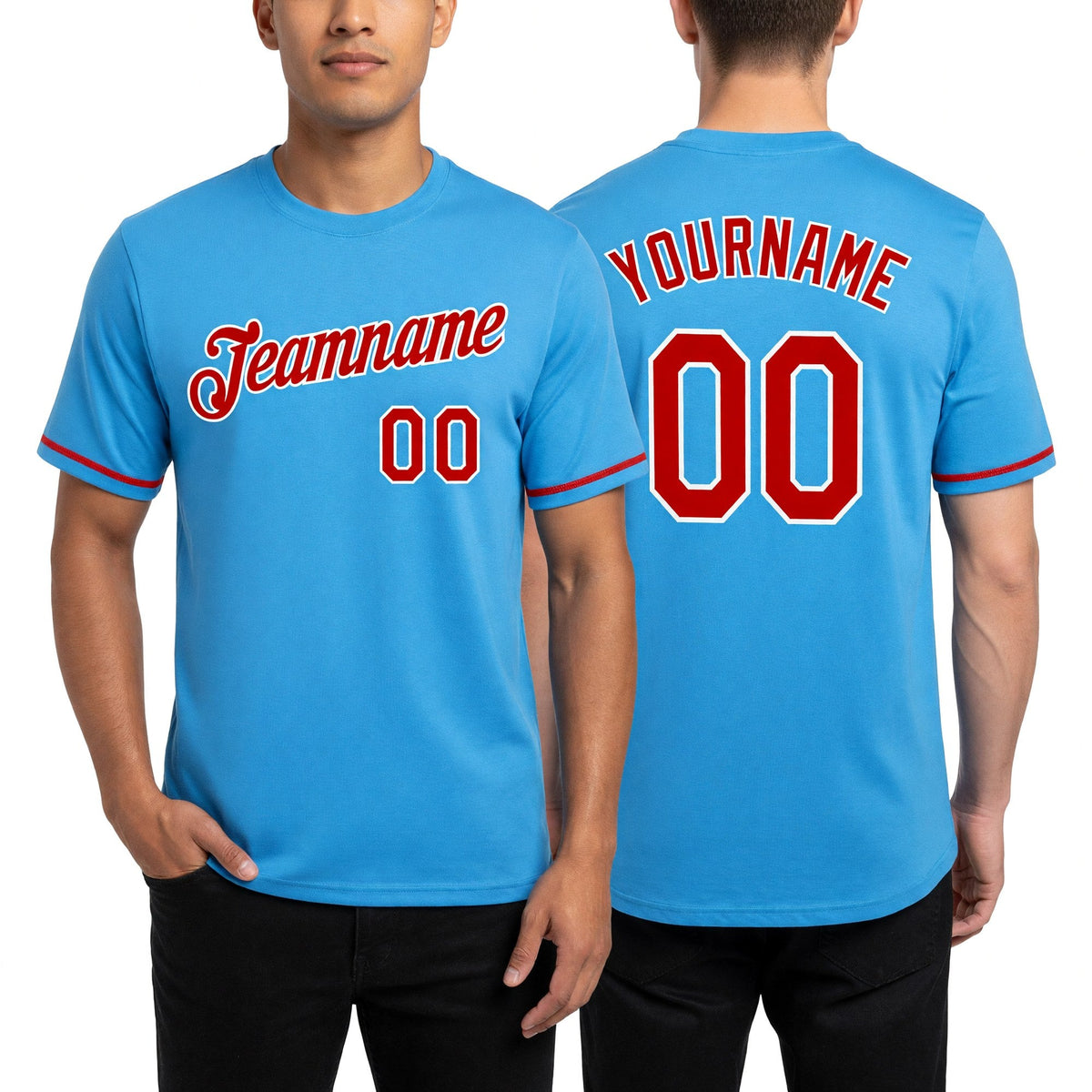 Custom Sky Blue Red-White Performance T-Shirt worn front and back