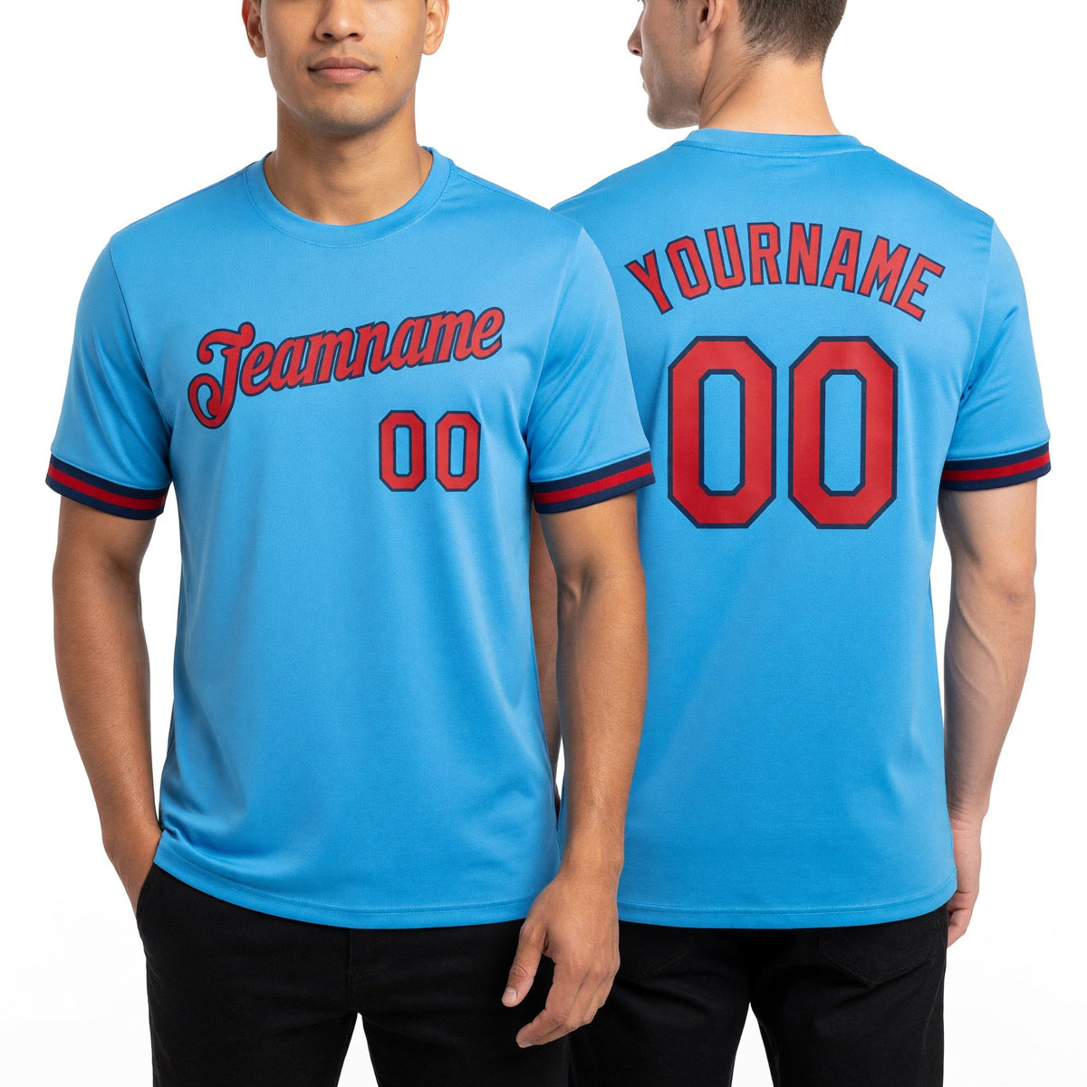 Custom Sky Blue Red-Navy Performance T-Shirt worn front and back