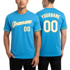 Custom Sky Blue White-Yellow Performance T-Shirt worn front and back