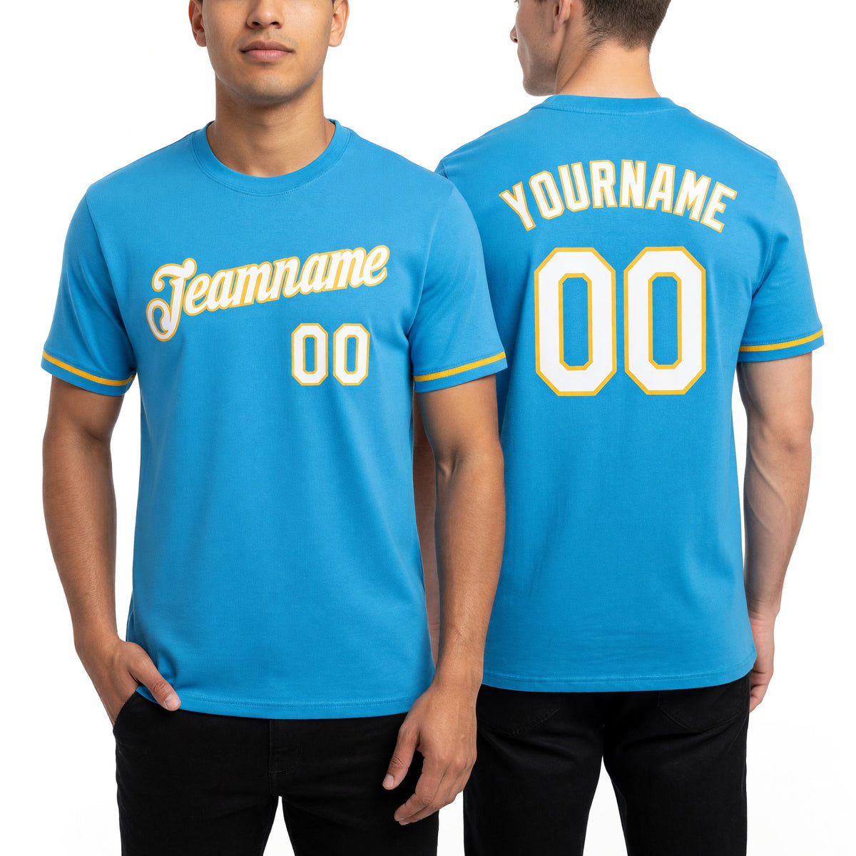 Custom Sky Blue White-Yellow Performance T-Shirt worn front and back