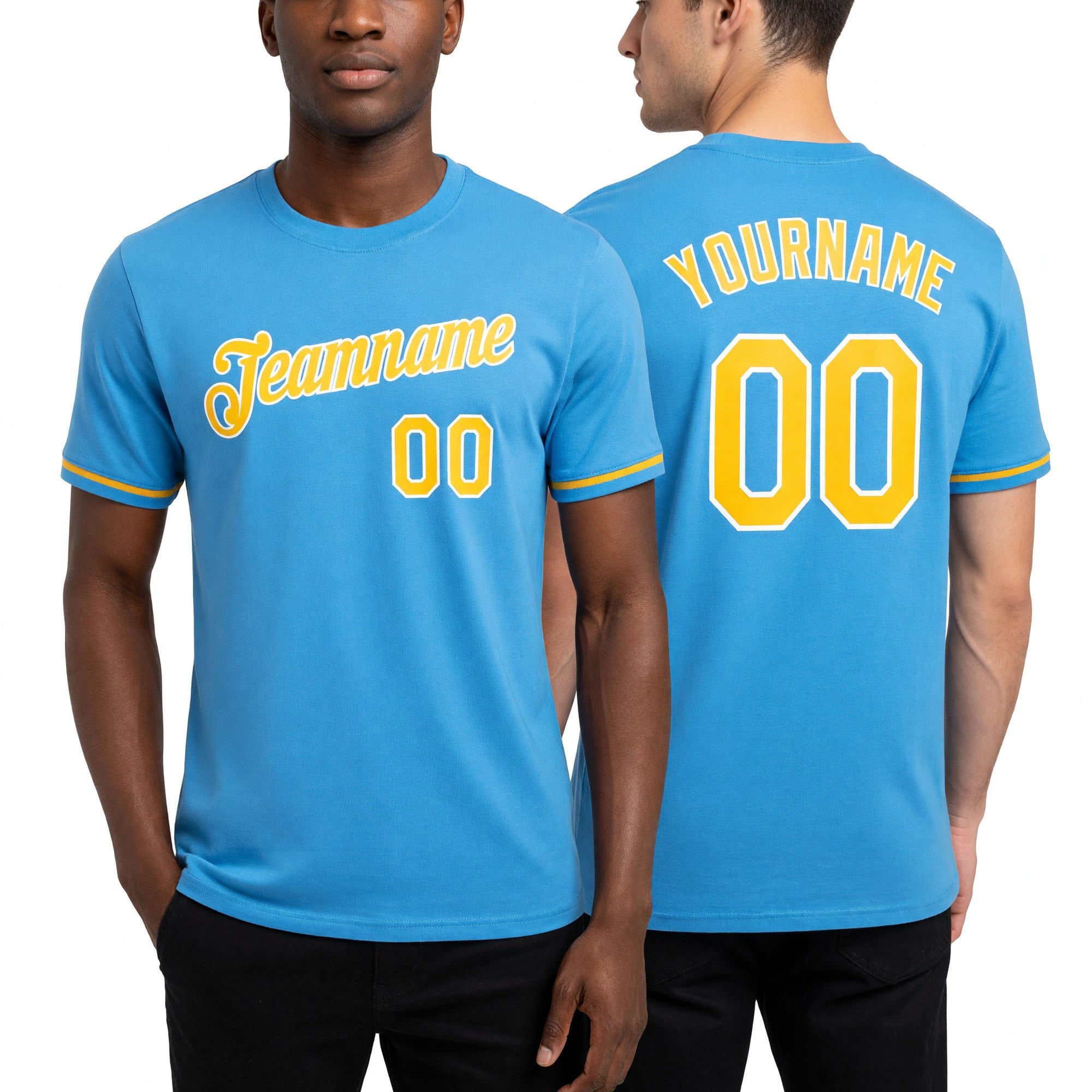 Custom Sky Blue Yellow-White Performance T-Shirt worn front and back