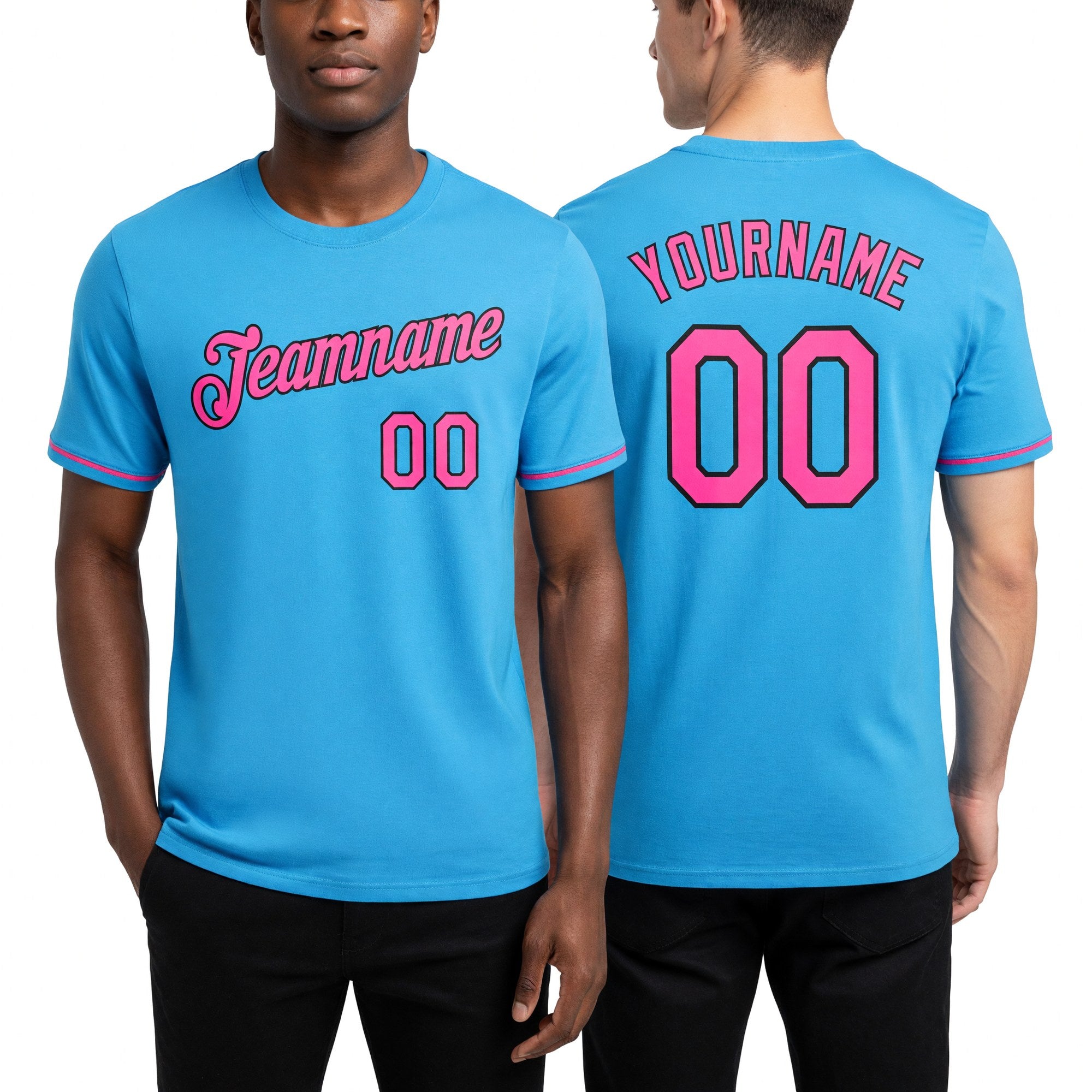Custom Sky Blue Pink-Black Performance T-Shirt worn front and back