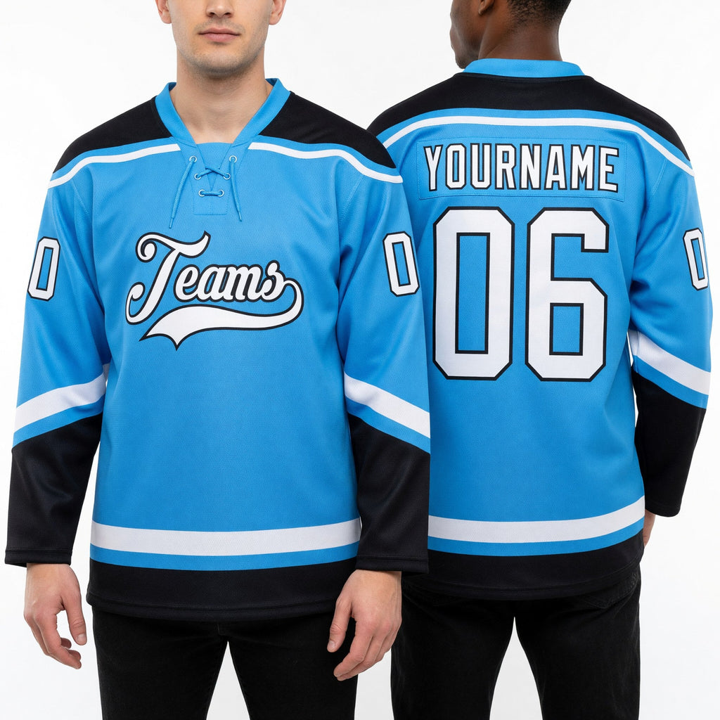 Custom Sky Blue White-Black Hockey Lace Neck Jersey worn front and back
