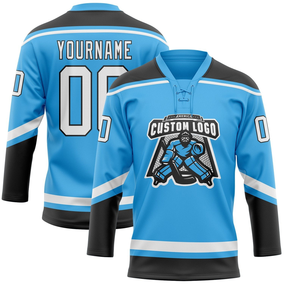 Custom Sky Blue White-Black Hockey Lace Neck Jersey photo 2