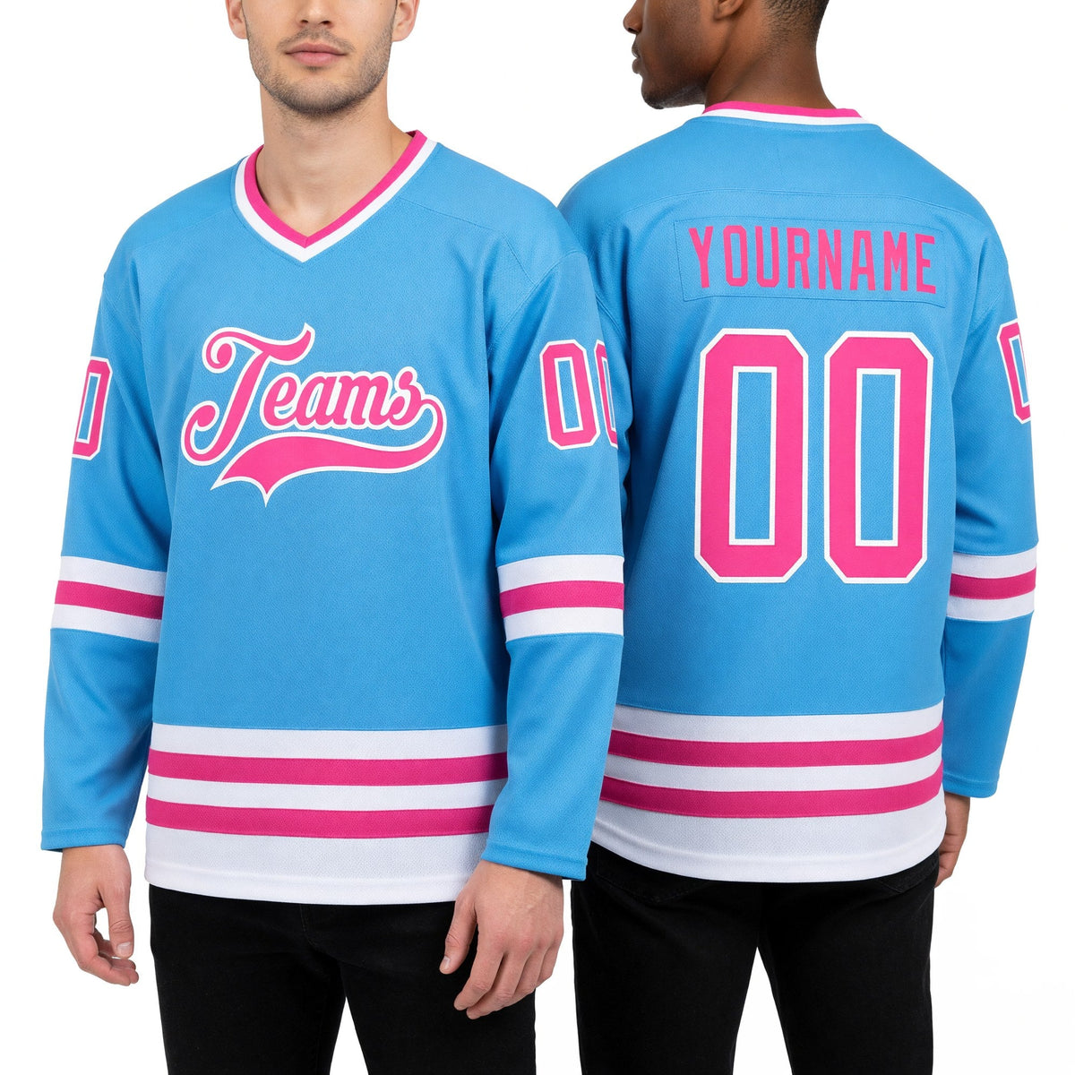 Custom Sky Blue Pink-White Hockey Jersey worn front and back