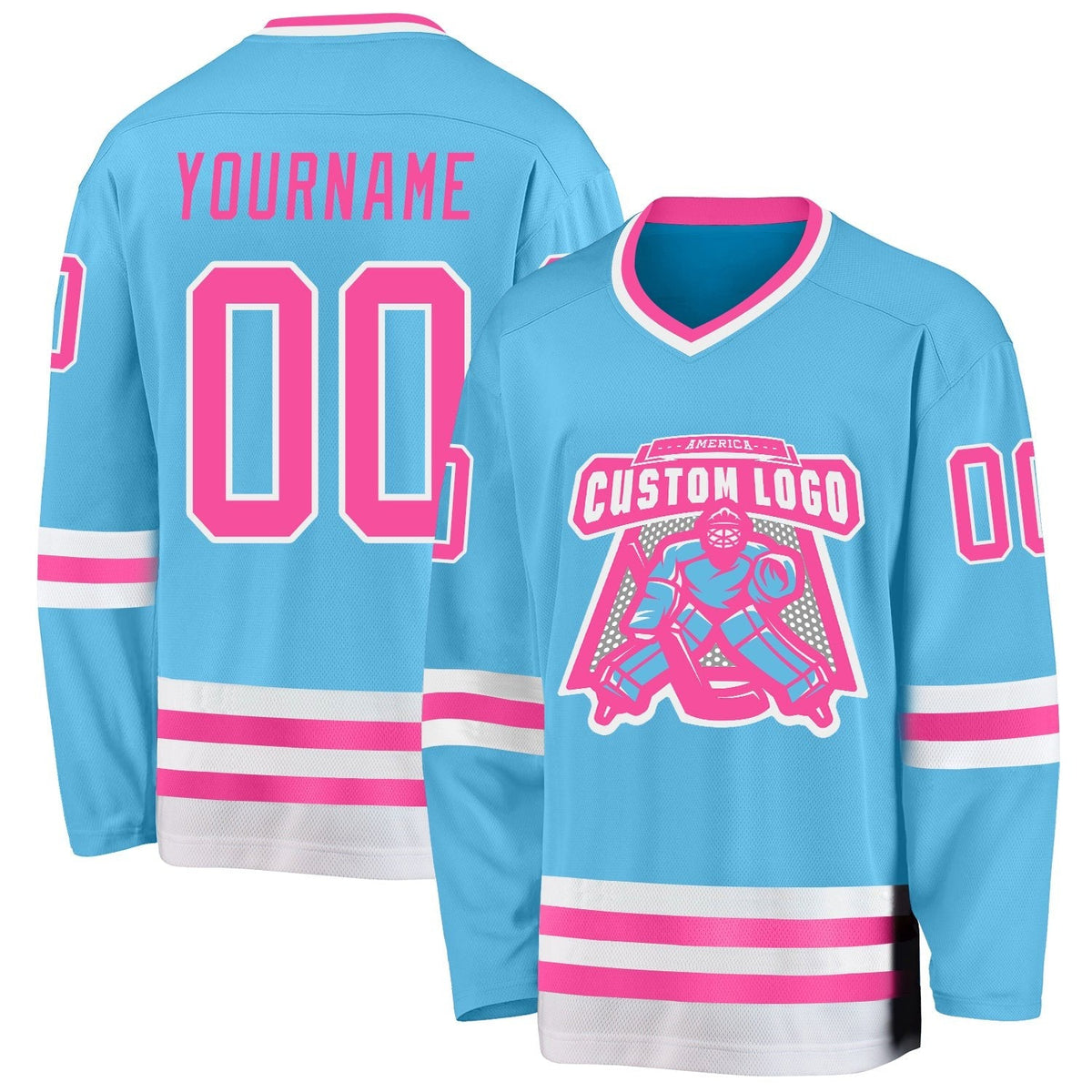 Custom Sky Blue Pink-White Hockey Jersey photo 2
