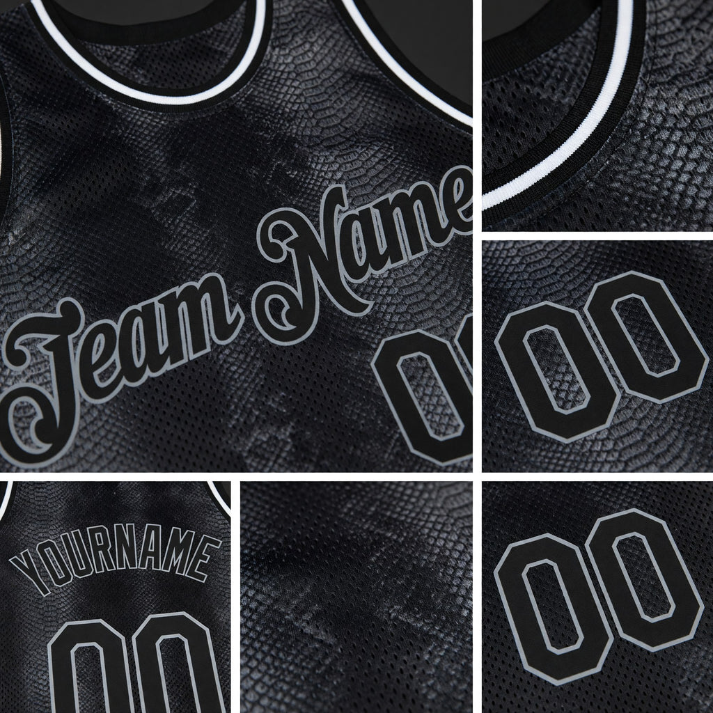 Custom Black Snakeskin Black-Gray 3D Pattern Design Authentic Basketball Jersey detail
